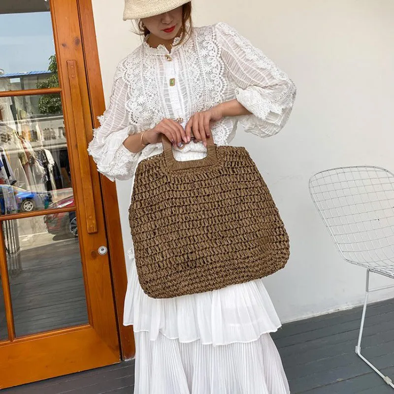 Paziye Large Capacity Straw Beach Tote Wooden Handle Handbag Handmade Woven