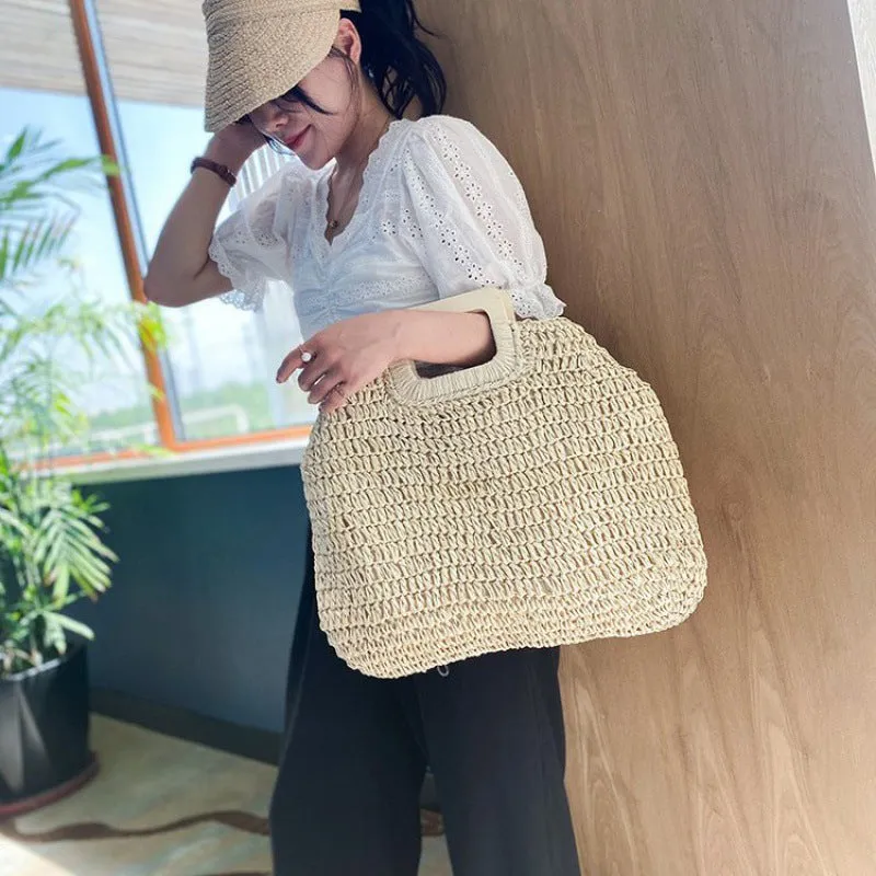 Paziye Large Capacity Straw Beach Tote Wooden Handle Handbag Handmade Woven