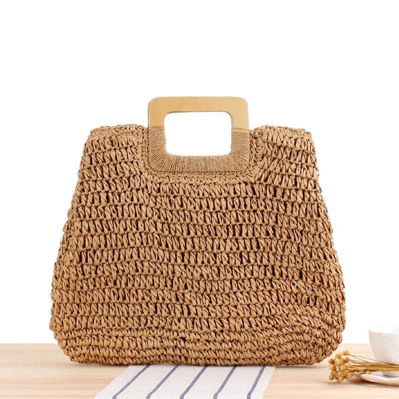 Paziye Large Capacity Straw Beach Tote Wooden Handle Handbag Handmade Woven