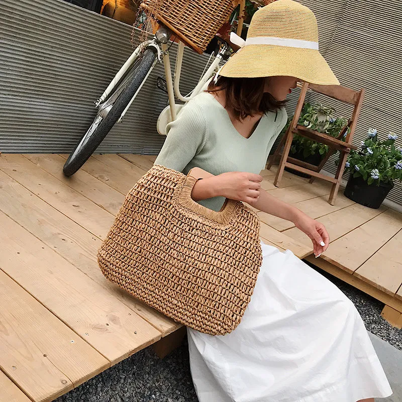 Paziye Large Capacity Straw Beach Tote Wooden Handle Handbag Handmade Woven