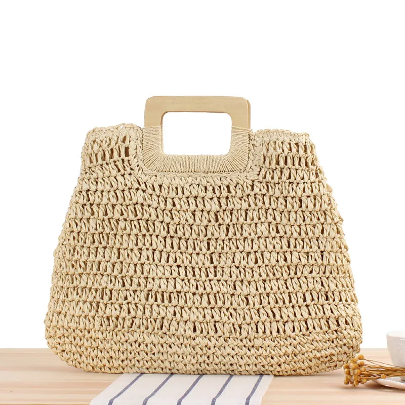 Paziye Large Capacity Straw Beach Tote Wooden Handle Handbag Handmade Woven