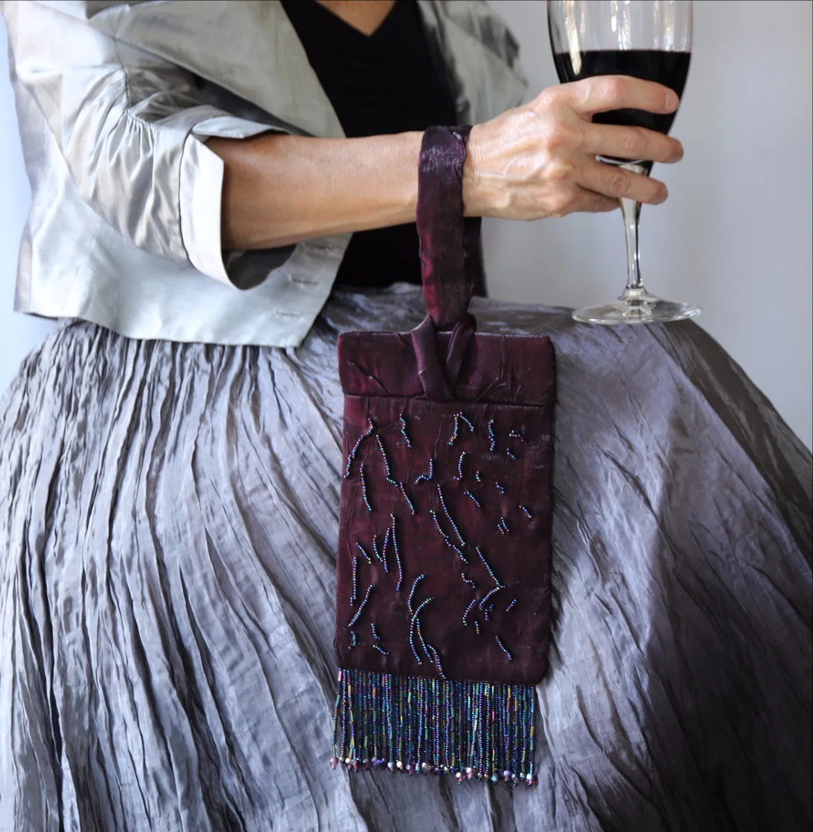 Plum Evening Bag with Beaded Fringe