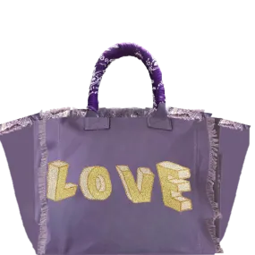 Purple Love Blocks Fringe Canvas Bag