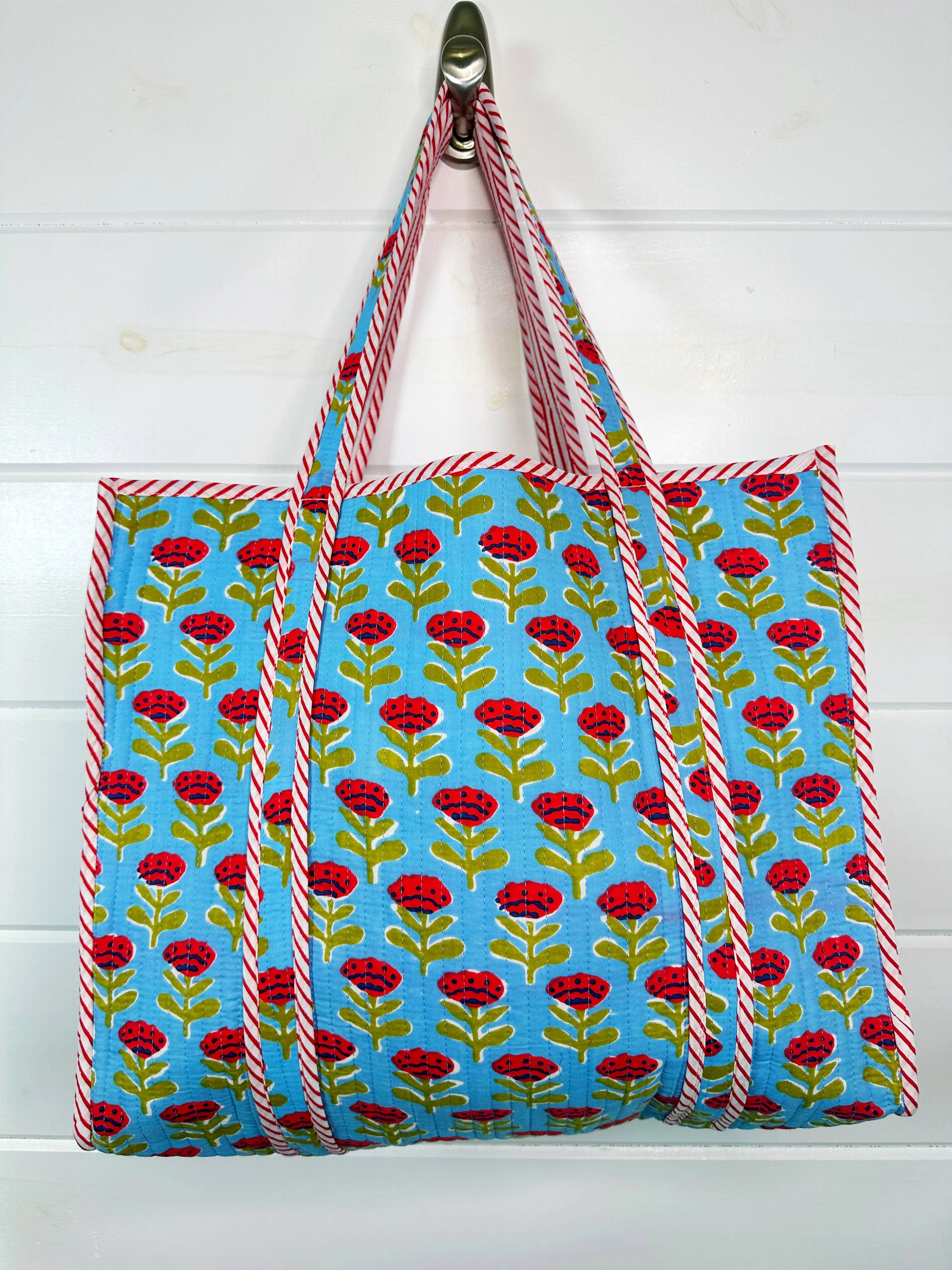 Quilted Tote Bag | Blue Floral Bag | Large Shopping Tote Bag