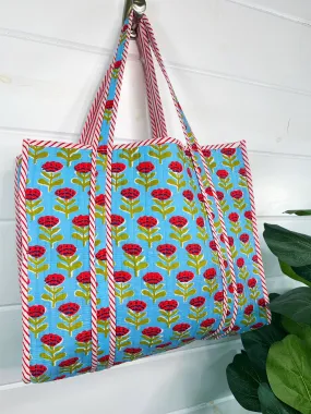 Quilted Tote Bag | Blue Floral Bag | Large Shopping Tote Bag