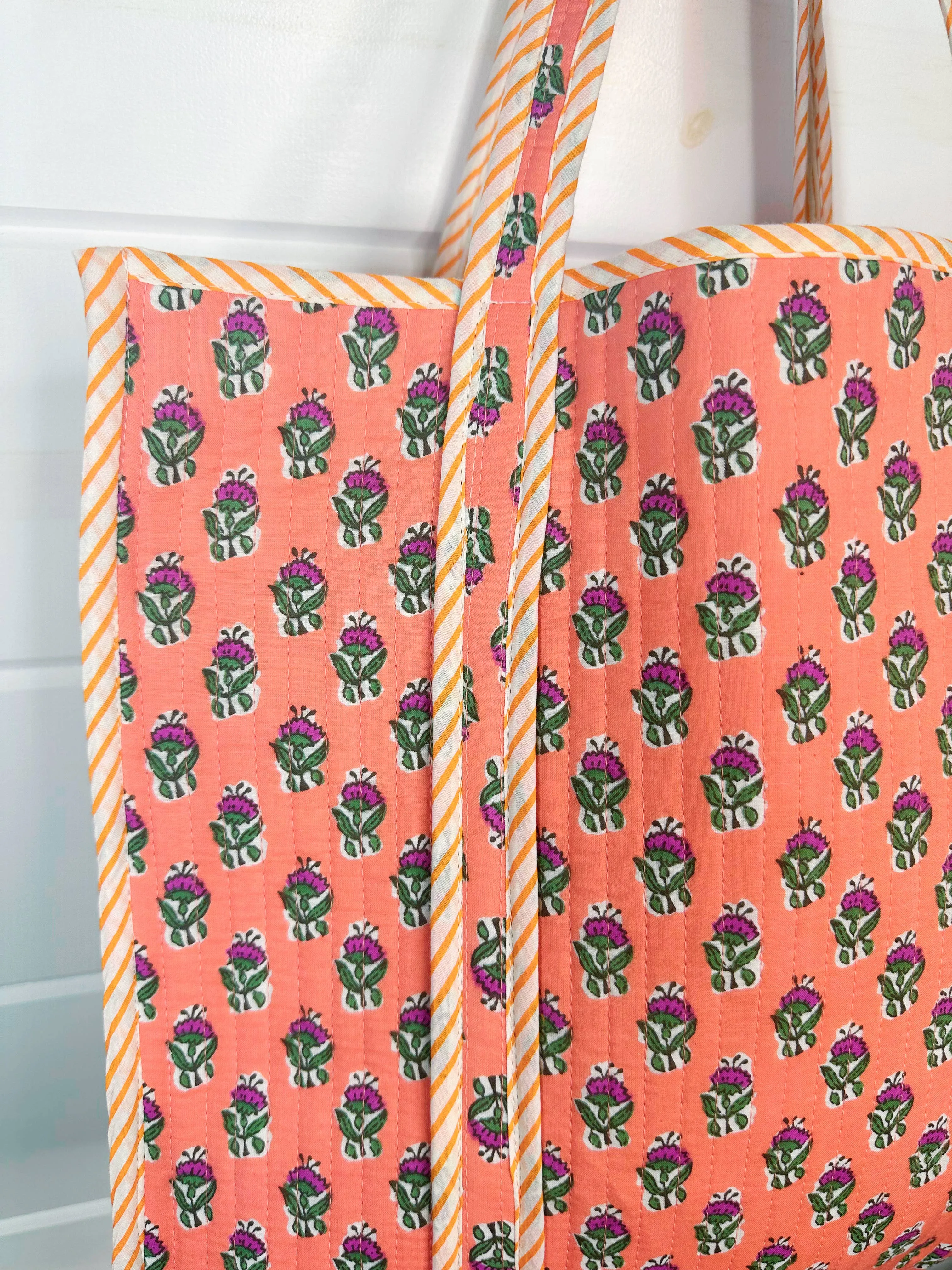 Quilted Tote Bag | Coral Floral Tote | Large Shopping Bag