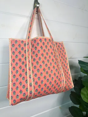 Quilted Tote Bag | Coral Floral Tote | Large Shopping Bag