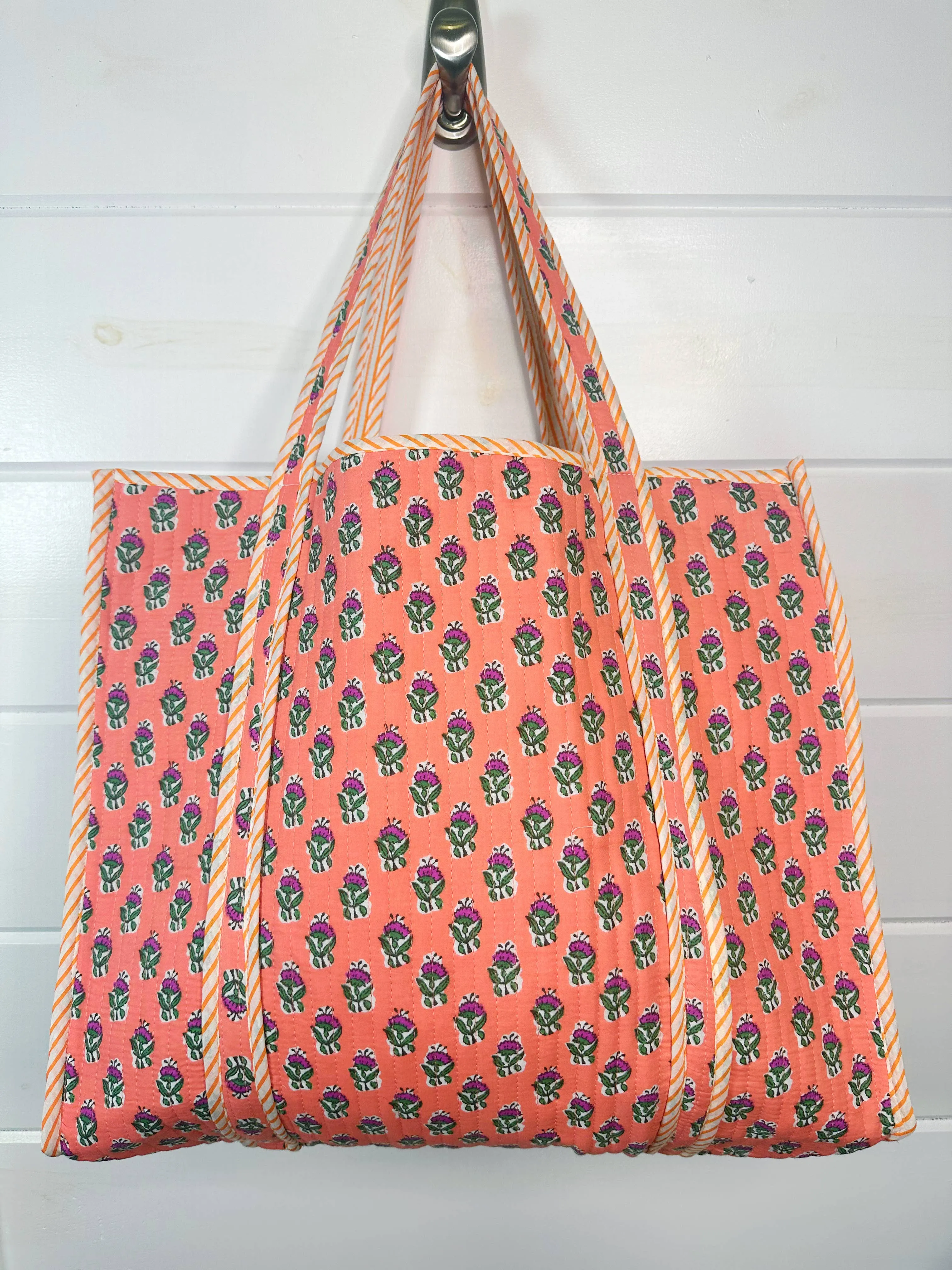 Quilted Tote Bag | Coral Floral Tote | Large Shopping Bag