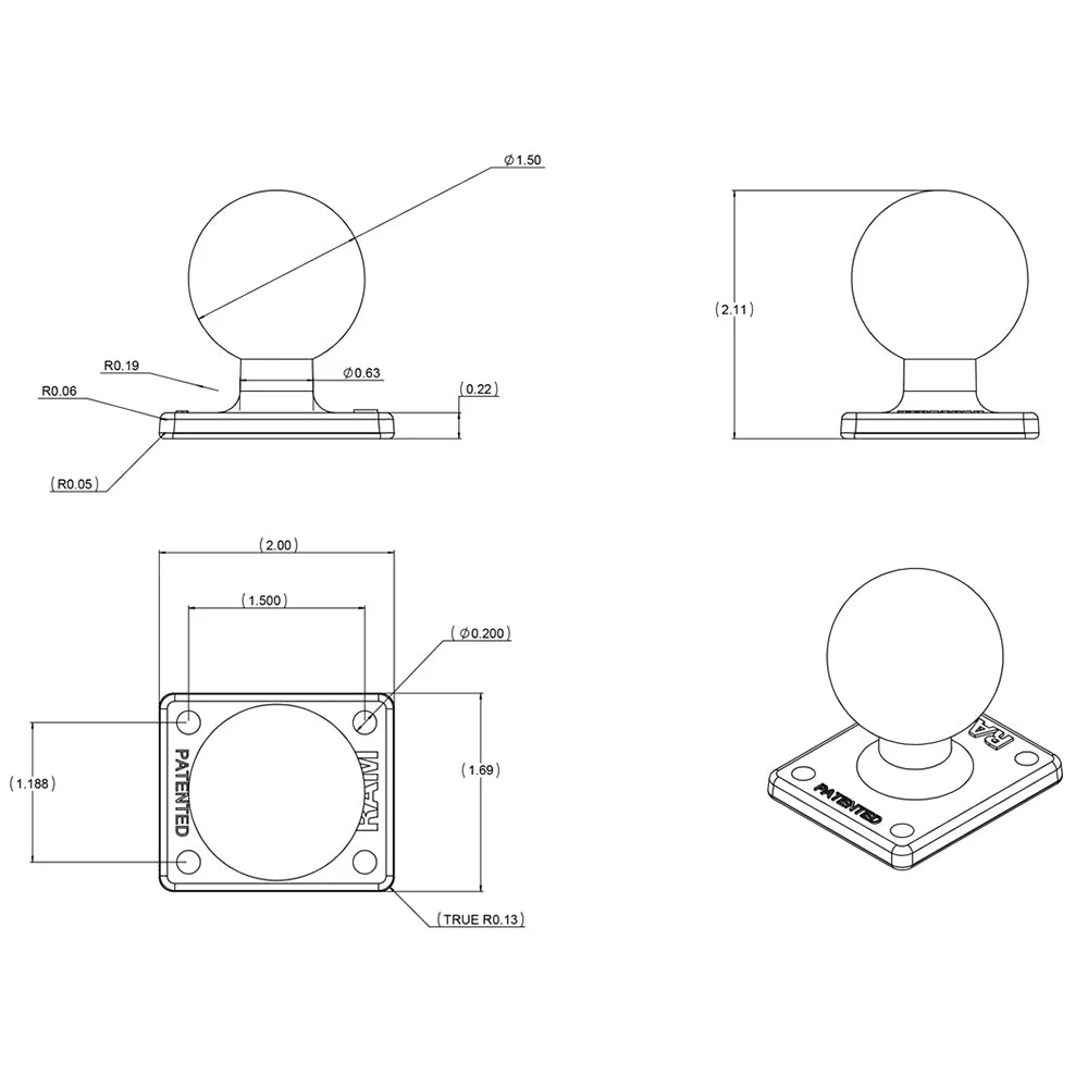 RAM Mount 2" x 1.7" Base w/AMPs Hole Pattern & 1.5" Ball [RAM-347U]