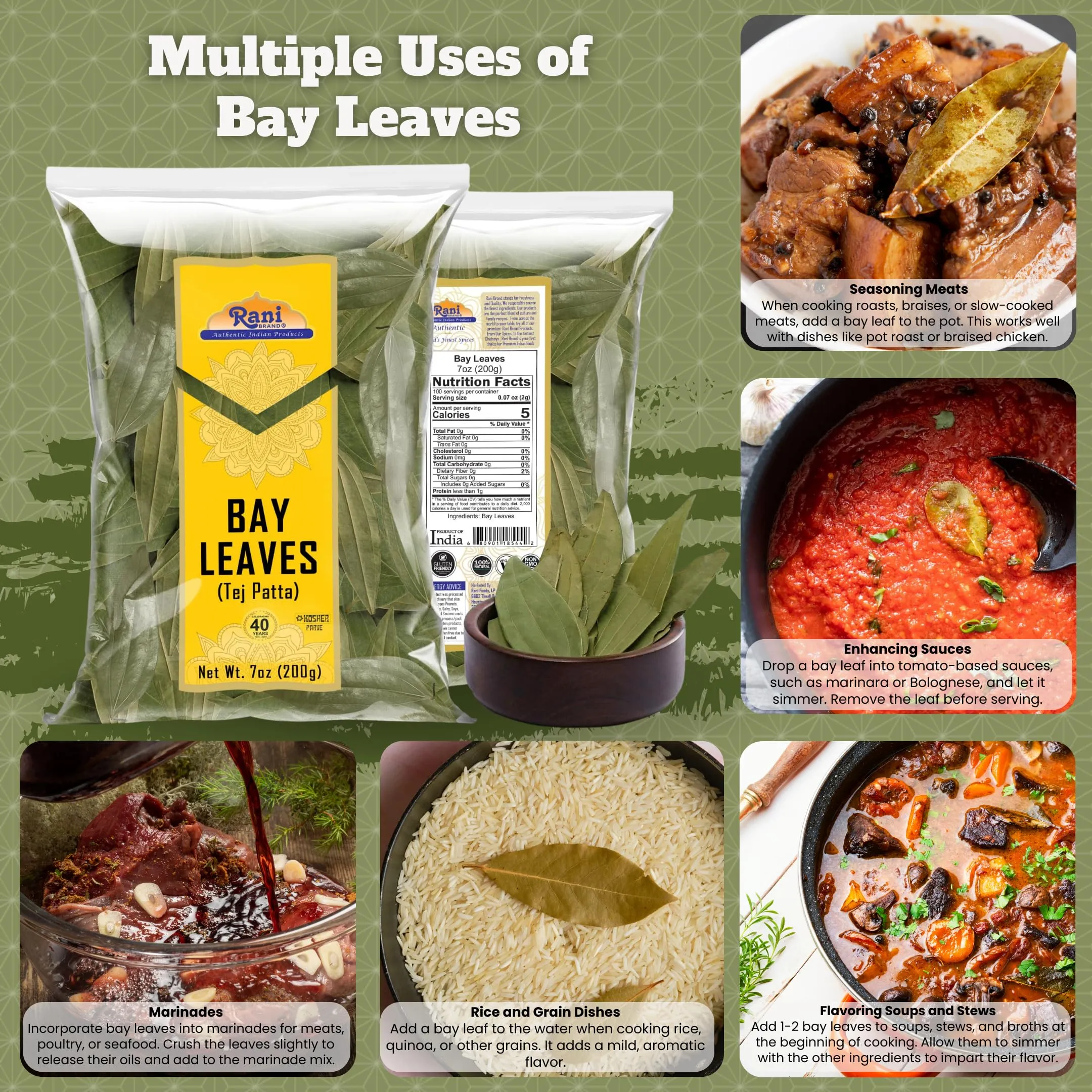 Rani Bay Leaf (Leaves) Whole Spice Hand Selected Extra Large 7oz (200g) ~ All Natural | Gluten Friendly | NON-GMO | Kosher | Vegan | Indian Origin (Tej Patta)