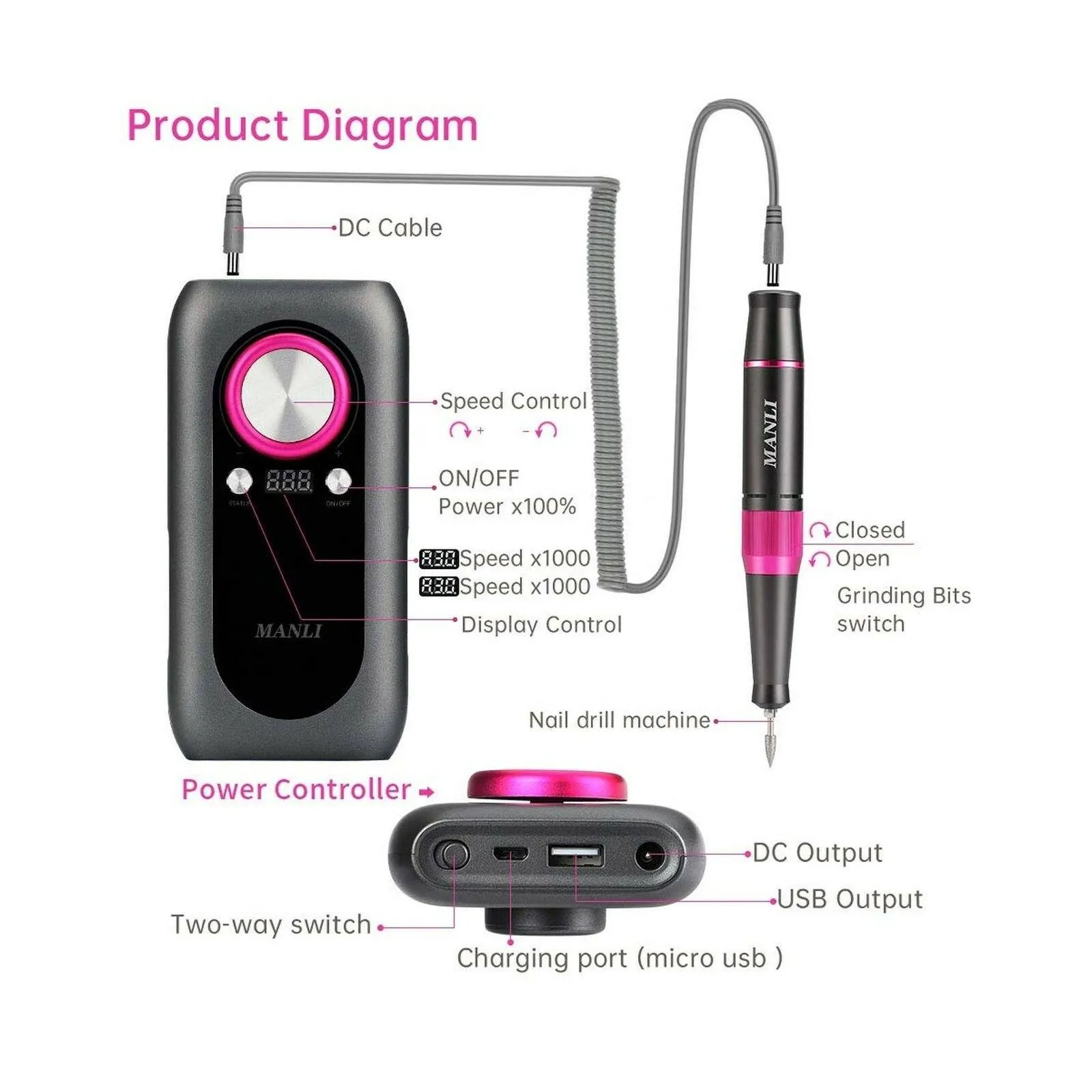 Rechargeable Nail Drill Kit with 2000mAh Phone Power Bank