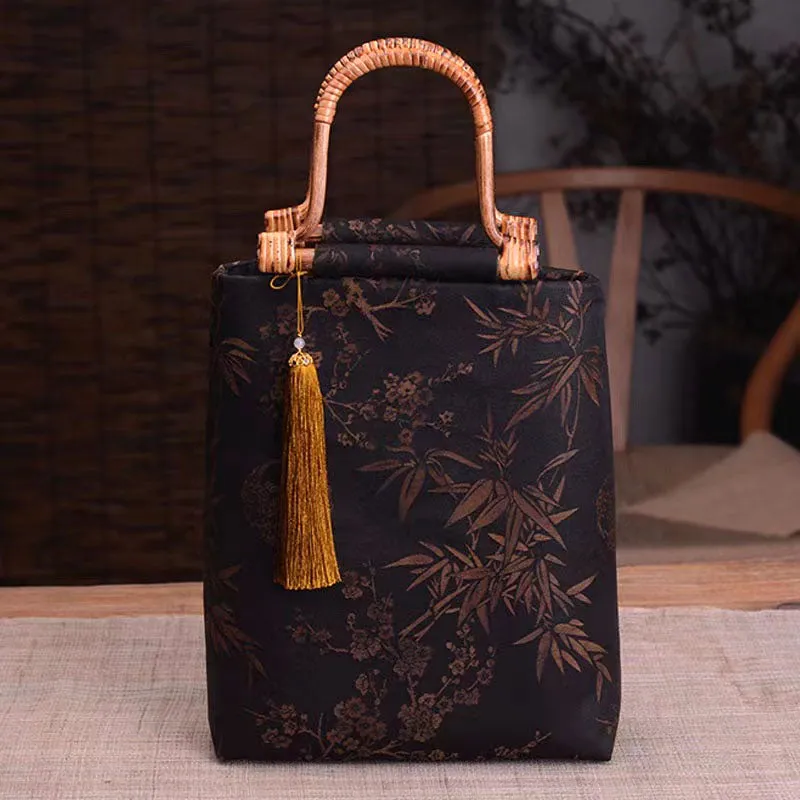 Retro Chinese Style Bamboo and Plum Print Handmade Wooden Handle Tote Bag