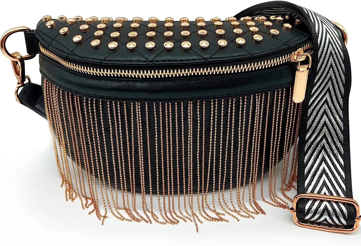 Rocker Chic Gold Faux Leather Tassel Embellished Sling Bag