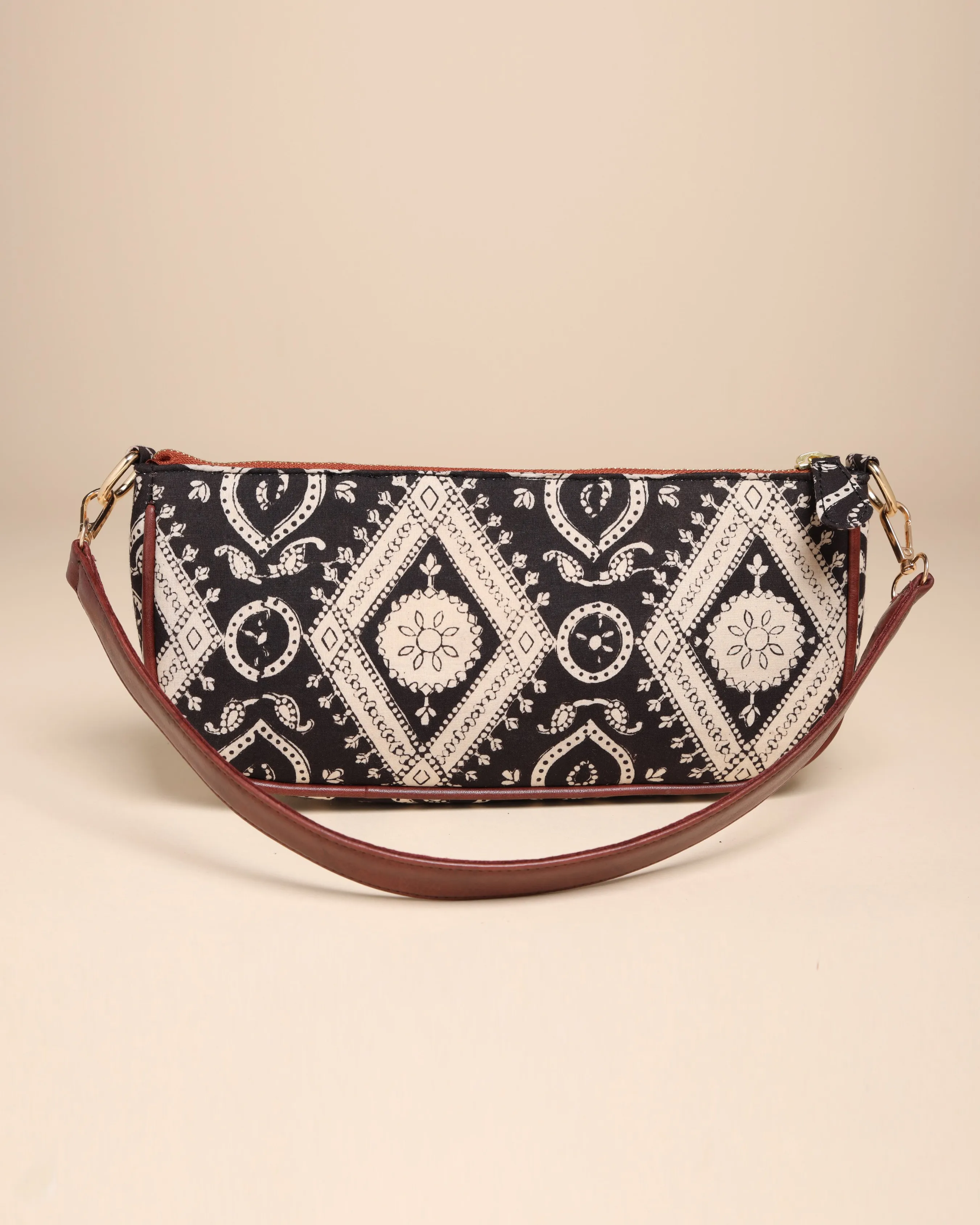 Sable Black Cotton Blockprinted Mini Baguette Bag