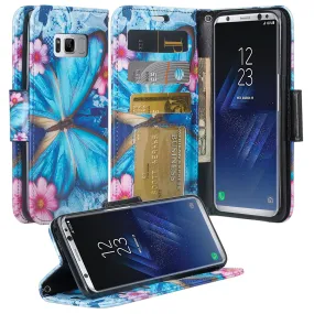 Samsung Galaxy S8 Case, SM-G950 Wallet Case, Wrist Strap Pu Leather Wallet Case [Kickstand] with ID & Credit Card Slots - Blue Butterflies