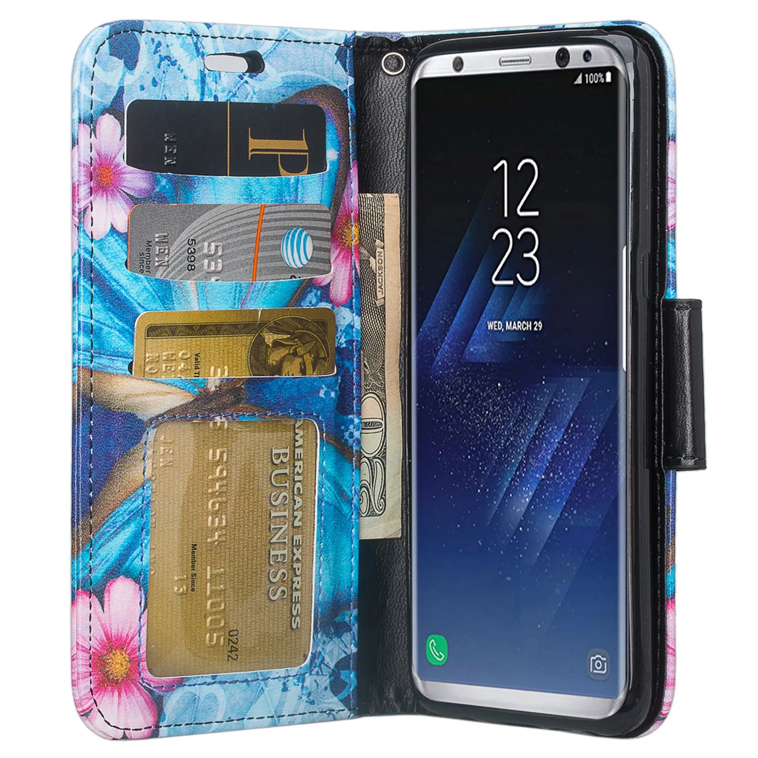 Samsung Galaxy S8 Case, SM-G950 Wallet Case, Wrist Strap Pu Leather Wallet Case [Kickstand] with ID & Credit Card Slots - Blue Butterflies