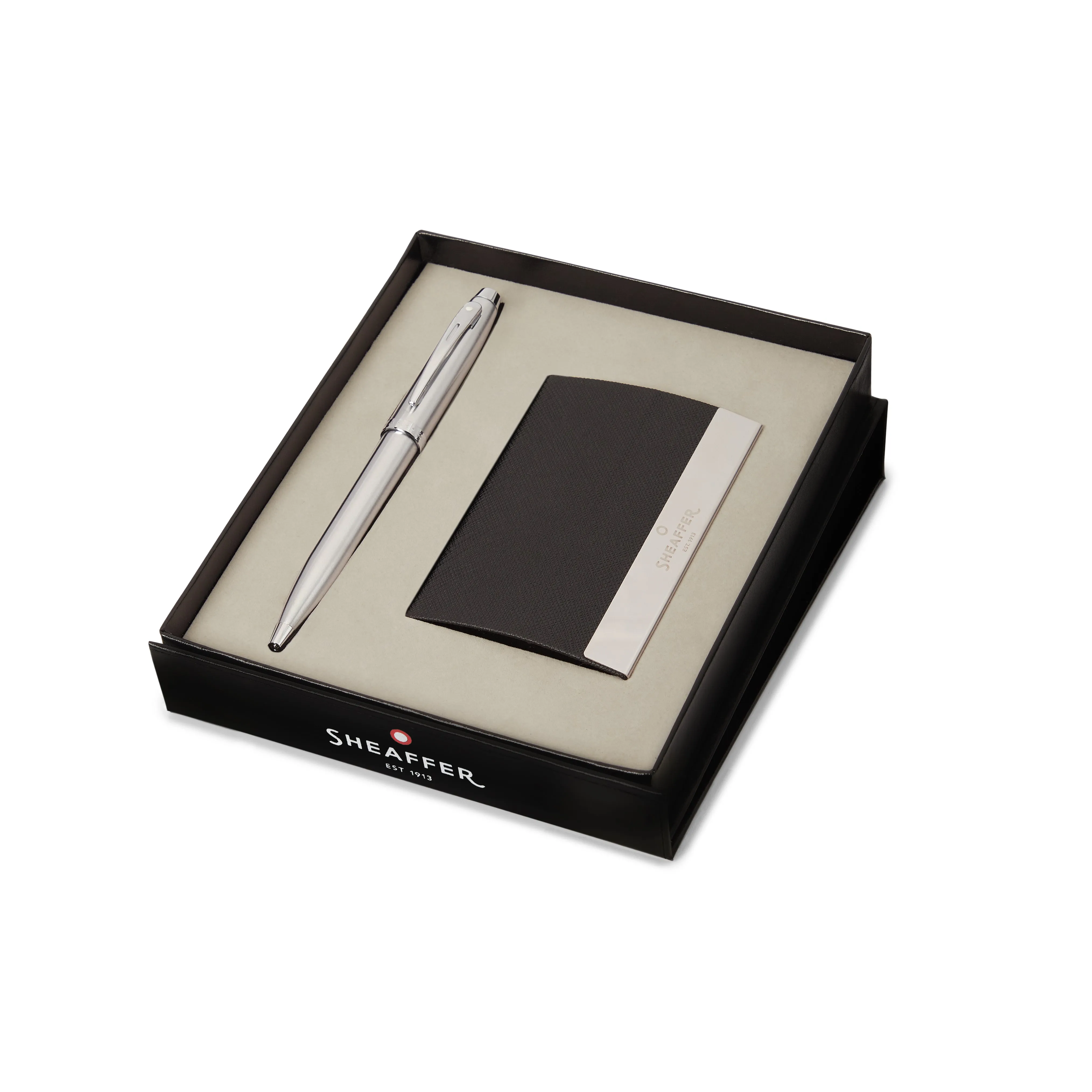 Sheaffer Gift Set ft. Brushed Chrome 100 Ballpoint Pen with Chrome Trims and Business Card Holder