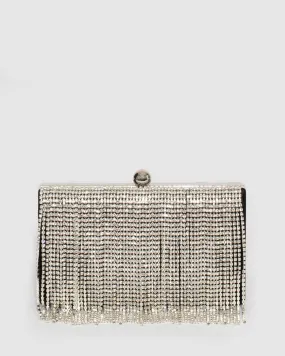 Silver Crystal Fringe Hardcase Clutch Bag