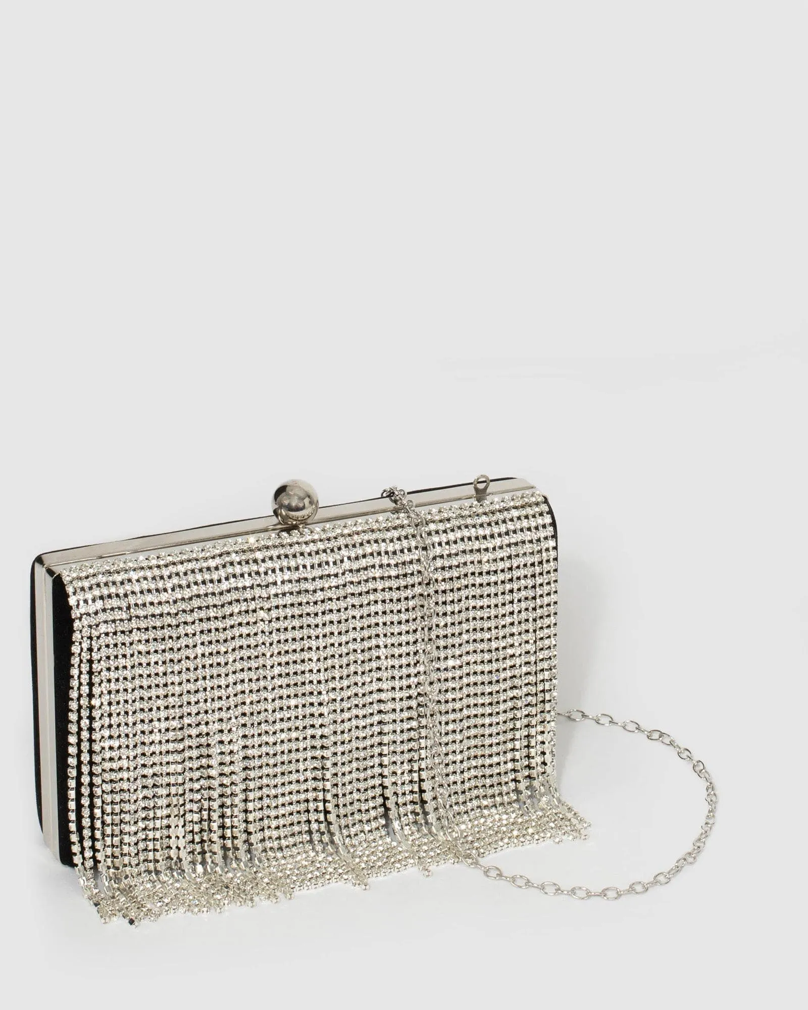 Silver Crystal Fringe Hardcase Clutch Bag