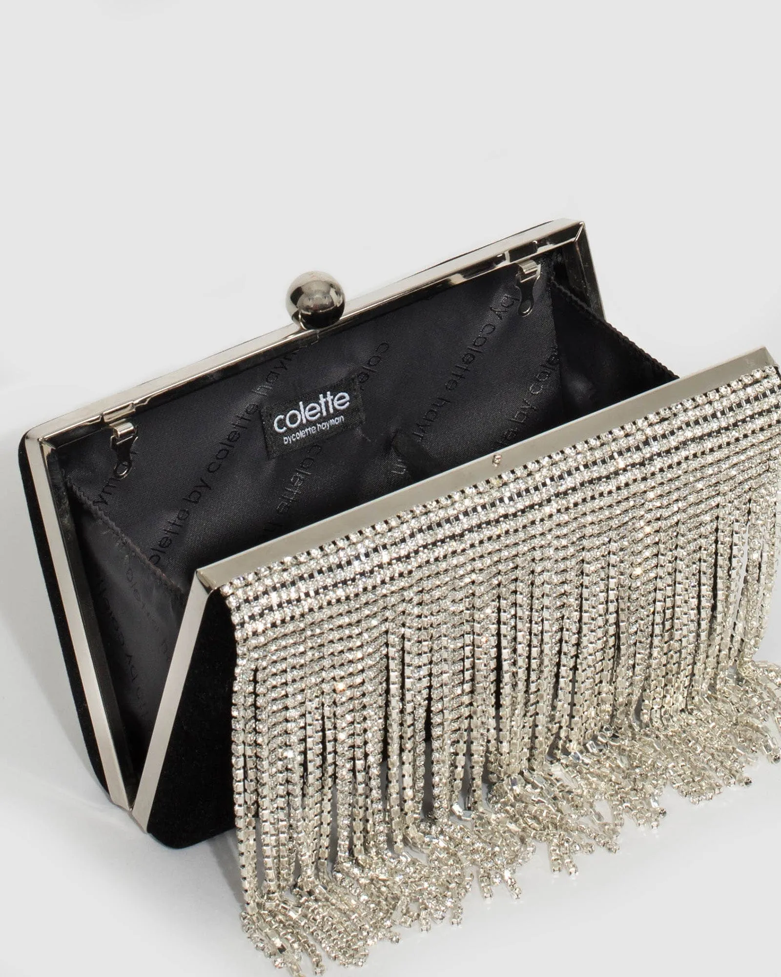 Silver Crystal Fringe Hardcase Clutch Bag