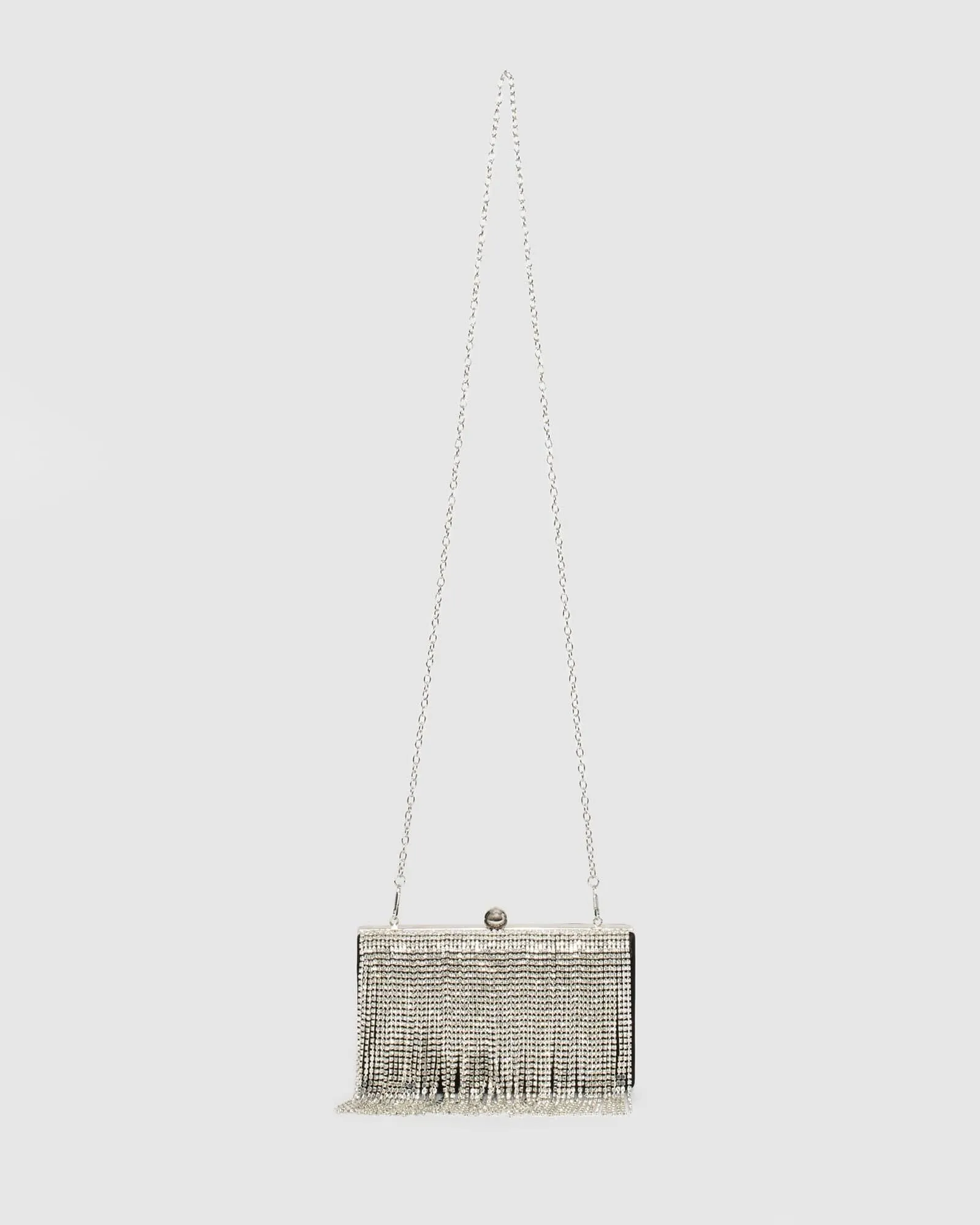 Silver Crystal Fringe Hardcase Clutch Bag