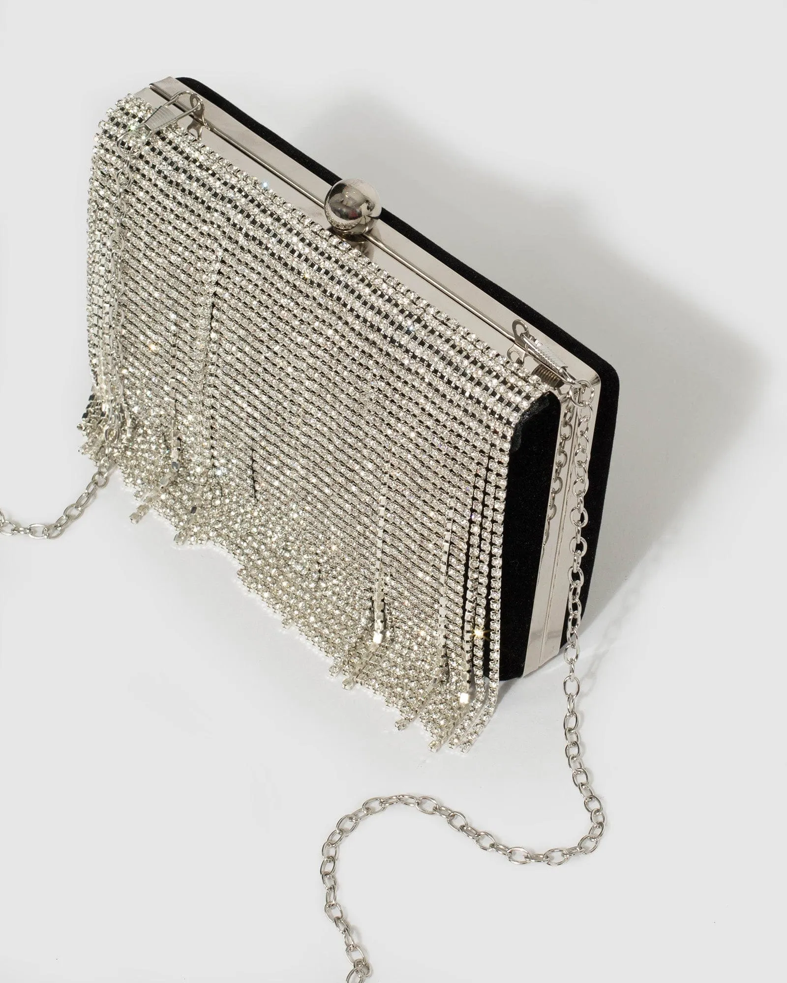 Silver Crystal Fringe Hardcase Clutch Bag