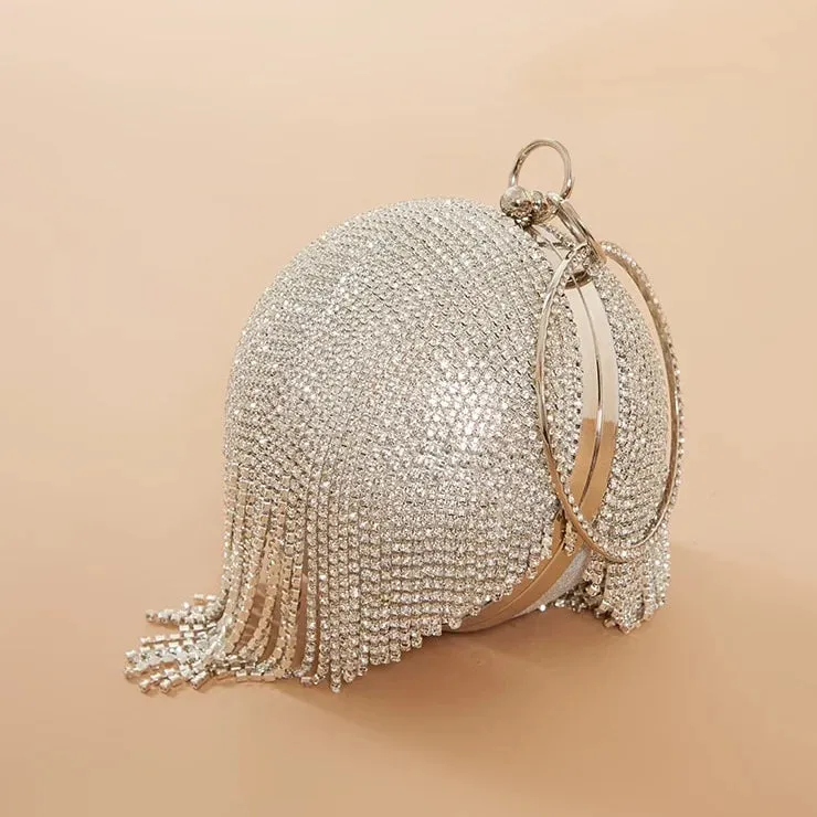 Silver Diamante Tassel Sphere Clutch.