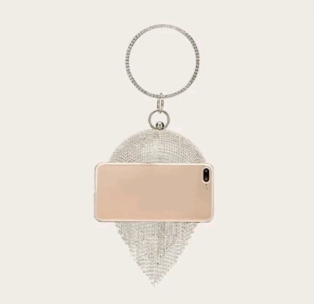 Silver Diamante Tassel Sphere Clutch.