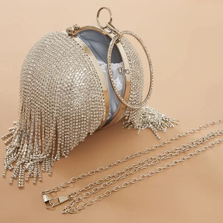 Silver Diamante Tassel Sphere Clutch.