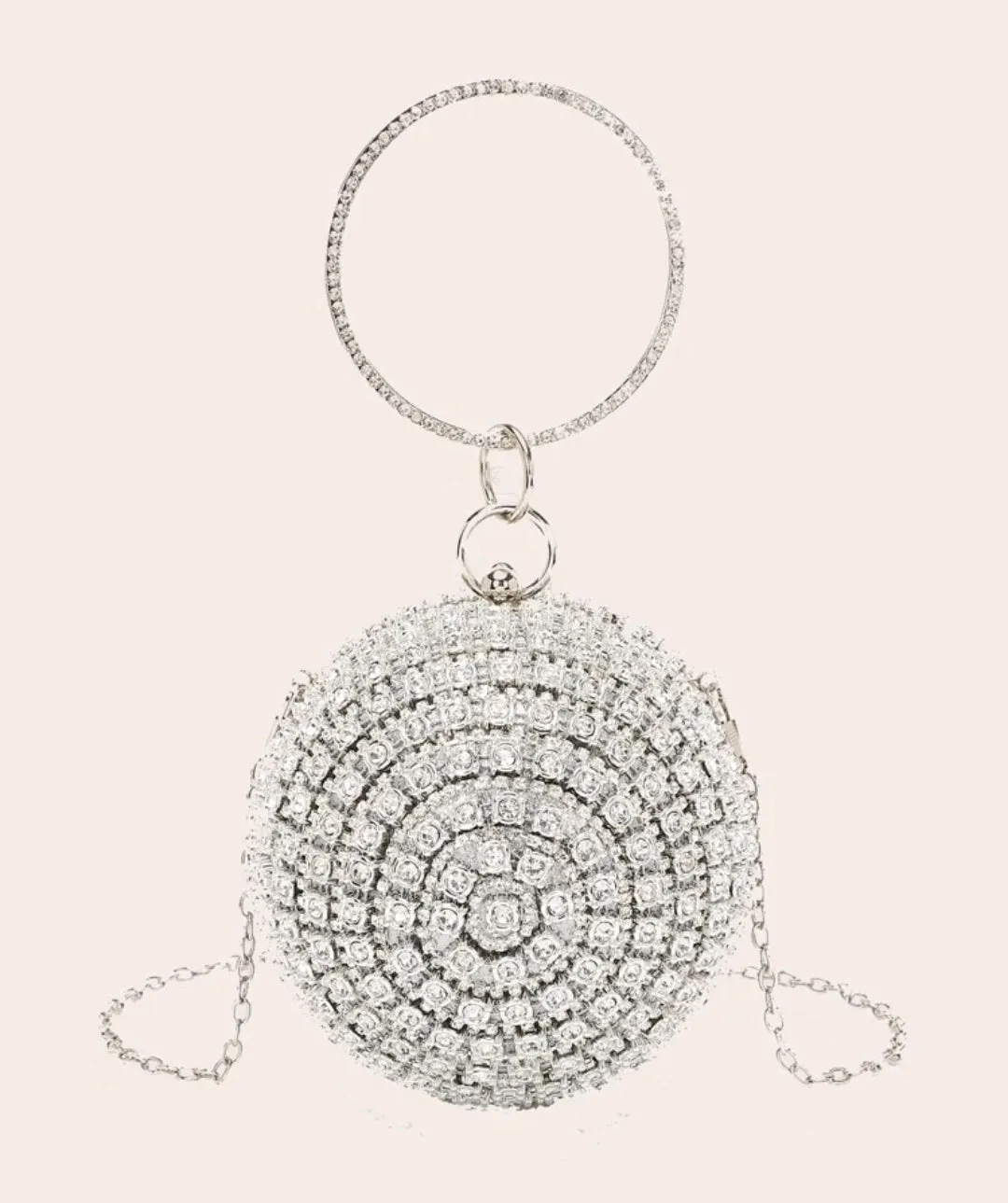 Silver rhinestone decor top ring circle bag.