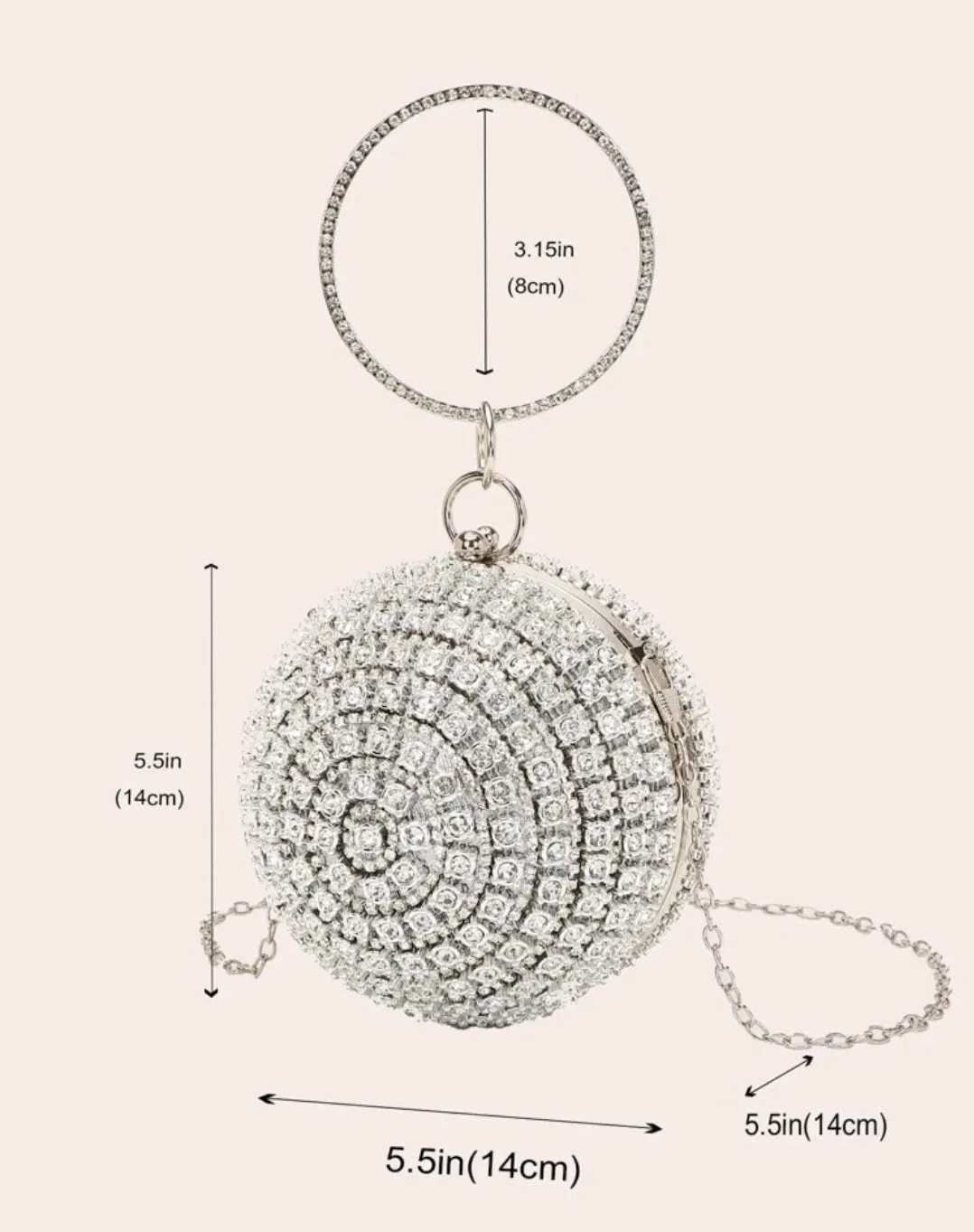 Silver rhinestone decor top ring circle bag.