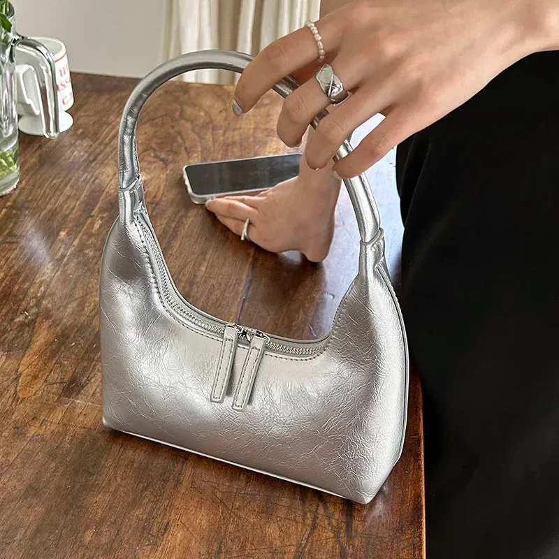 Sohiwoo PU Silver Original Underarm Sense Oil Crescent Shoulder Niche Bag All-Match French Handbag Women Designer Wax Style High Luxury