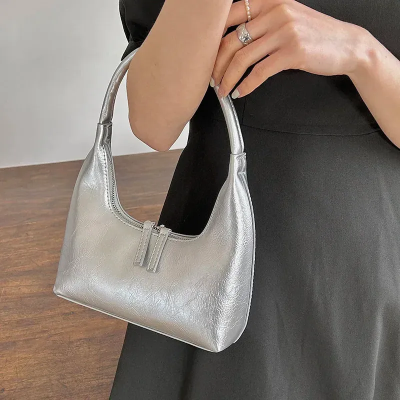 Sohiwoo PU Silver Original Underarm Sense Oil Crescent Shoulder Niche Bag All-Match French Handbag Women Designer Wax Style High Luxury