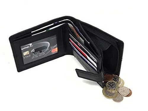 STARHIDE Mens RFID Blocking Nappa Leather Bifold Wallet with A Side Zipped Coin Pocket 1044 (Black)