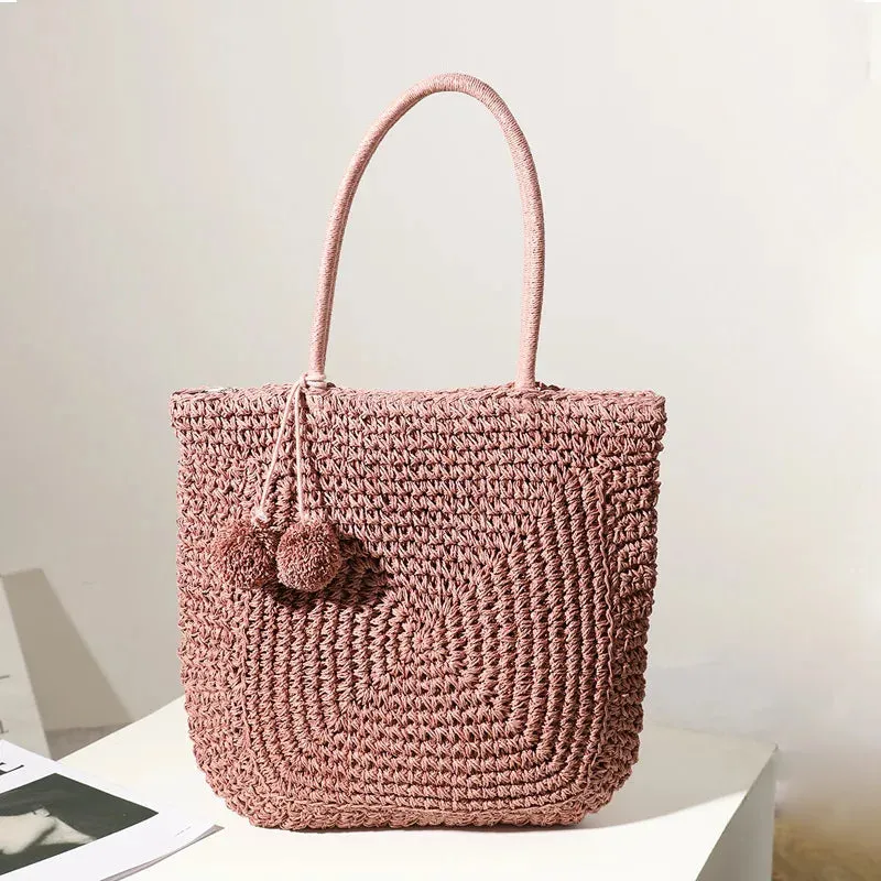 TAVIMART  -  Cute fur ball straw bag new wild large-capacity hand-woven bag women's shoulder handbag beach bag