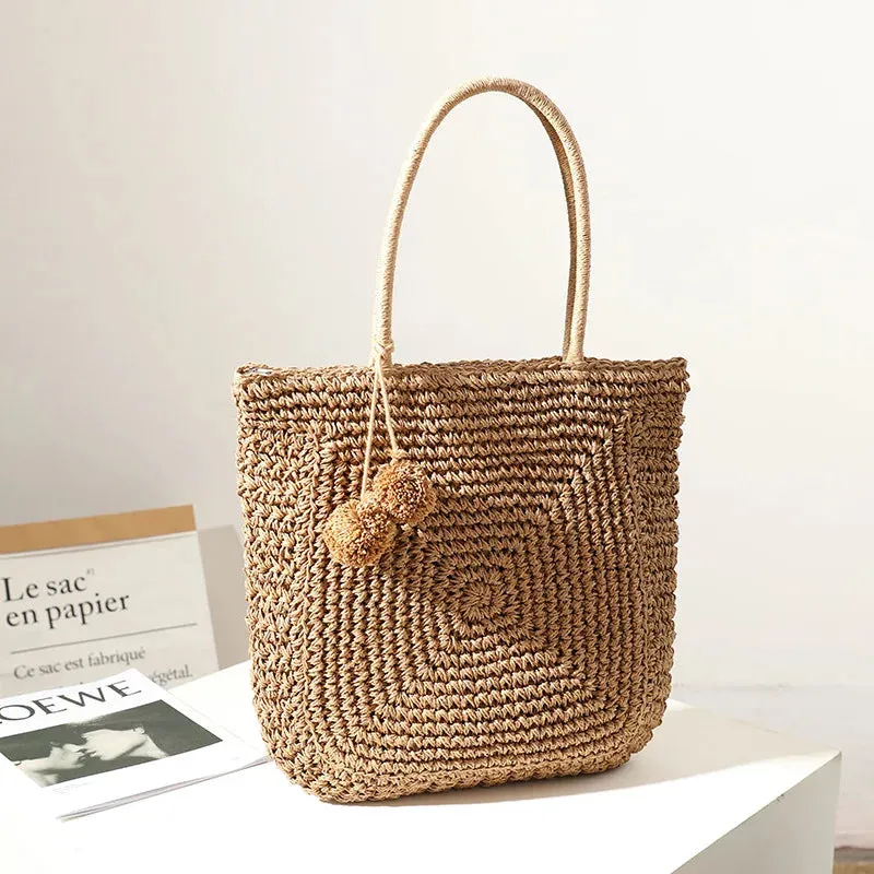 TAVIMART  -  Cute fur ball straw bag new wild large-capacity hand-woven bag women's shoulder handbag beach bag