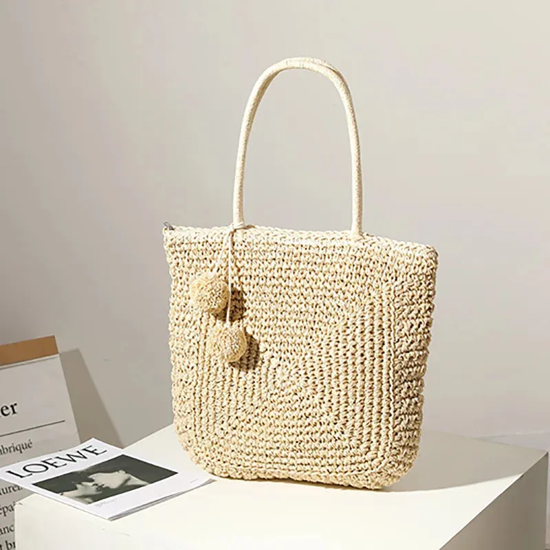 TAVIMART  -  Cute fur ball straw bag new wild large-capacity hand-woven bag women's shoulder handbag beach bag