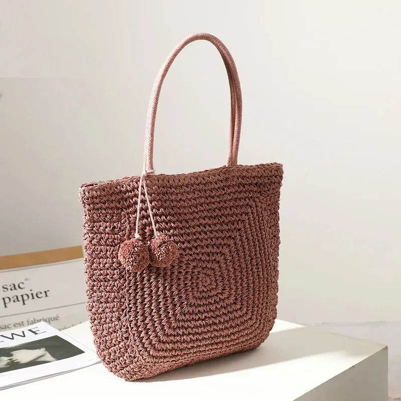 TAVIMART  -  Cute fur ball straw bag new wild large-capacity hand-woven bag women's shoulder handbag beach bag