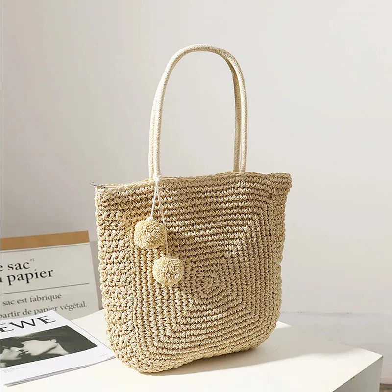 TAVIMART  -  Cute fur ball straw bag new wild large-capacity hand-woven bag women's shoulder handbag beach bag