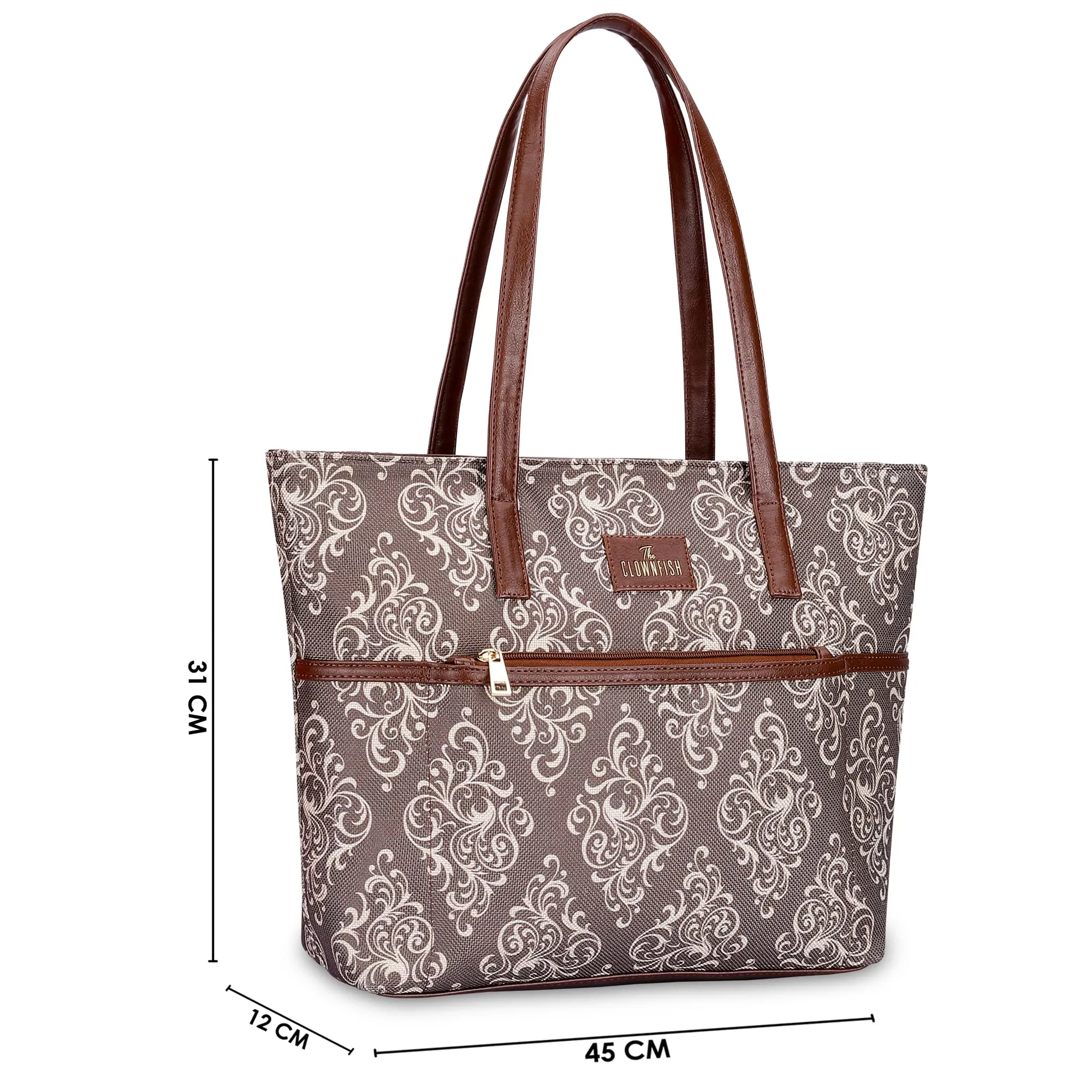 THE CLOWNFISH Concetta Printed Handicraft Fabric & Faux Leather Handbag for Women Office Bag Ladies Shoulder Bag Tote For Women College Girls (Brown)