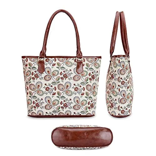 The Clownfish Justina Tapestry Fabric & Faux Leather Handbag for Women Office Bag Ladies Shoulder Bag Tote For Women College Girls (Dark Brown-Floral)