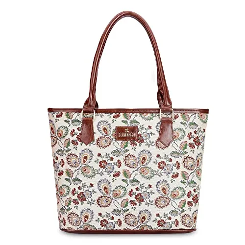 The Clownfish Justina Tapestry Fabric & Faux Leather Handbag for Women Office Bag Ladies Shoulder Bag Tote For Women College Girls (Dark Brown-Floral)