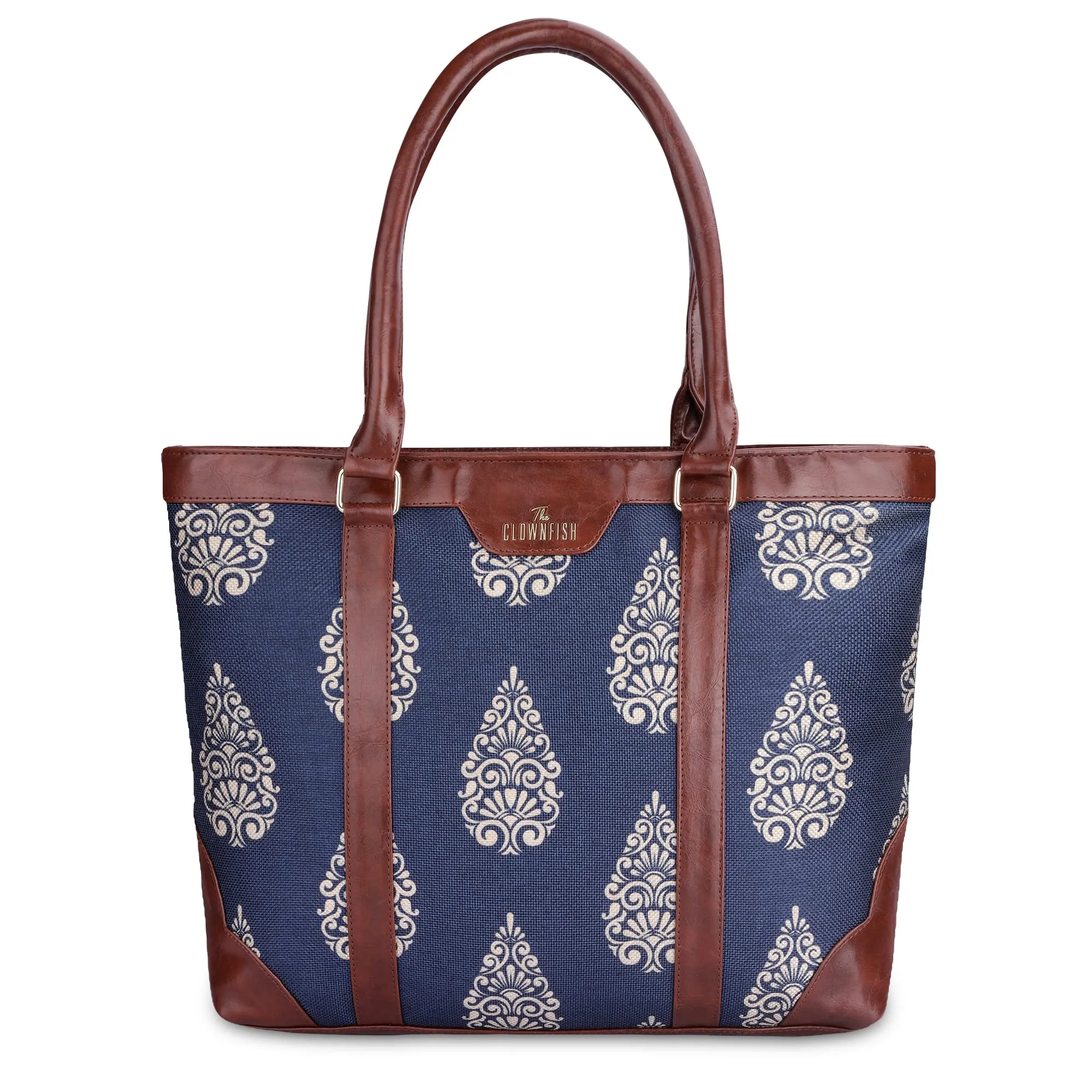 THE CLOWNFISH Miranda Series 15.6 inch Laptop Bag For Women Printed Handicraft Fabric & Faux Leather Office Bag Briefcase Hand Messenger bag Tote Shoulder Bag (Navy Blue)