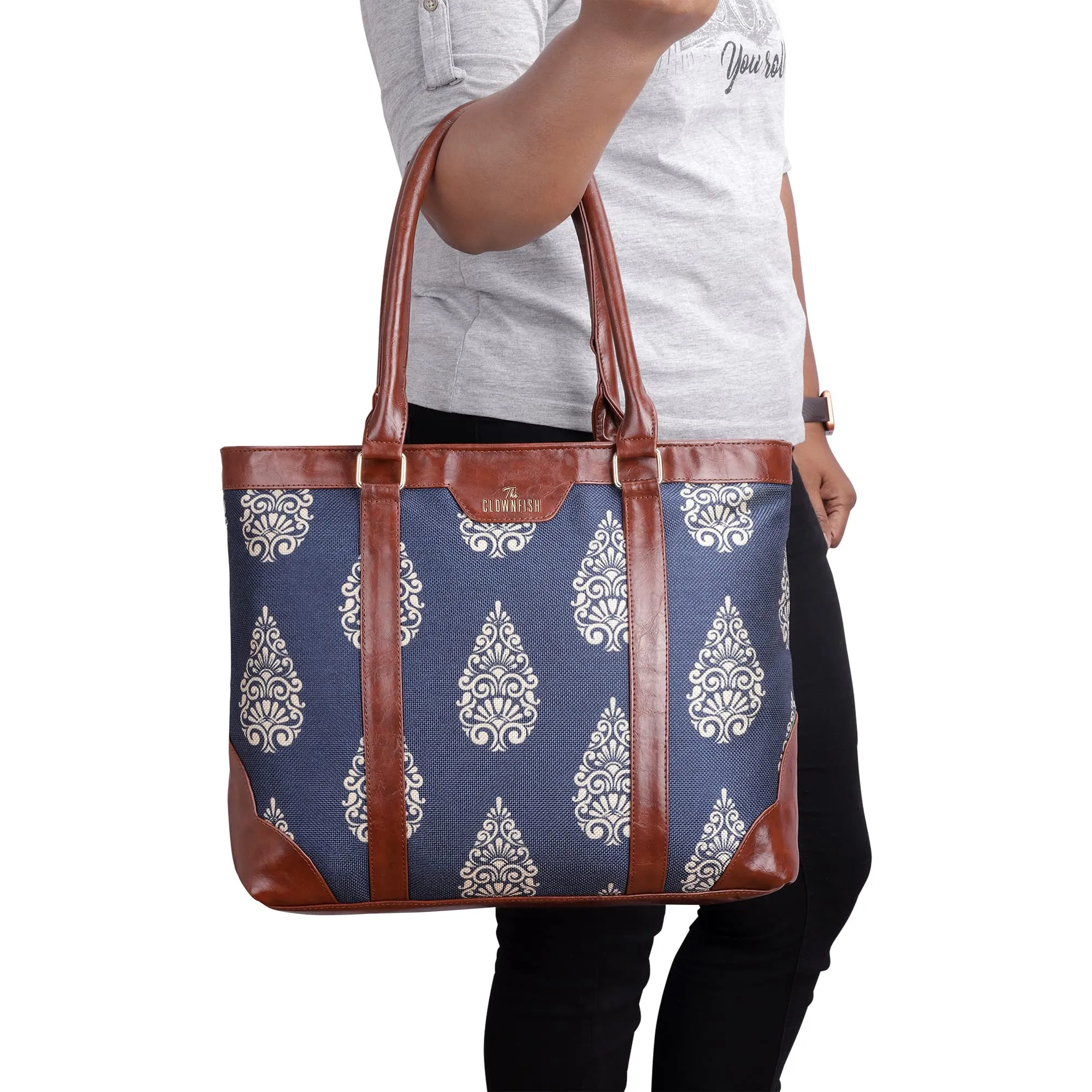 THE CLOWNFISH Miranda Series 15.6 inch Laptop Bag For Women Printed Handicraft Fabric & Faux Leather Office Bag Briefcase Hand Messenger bag Tote Shoulder Bag (Navy Blue)