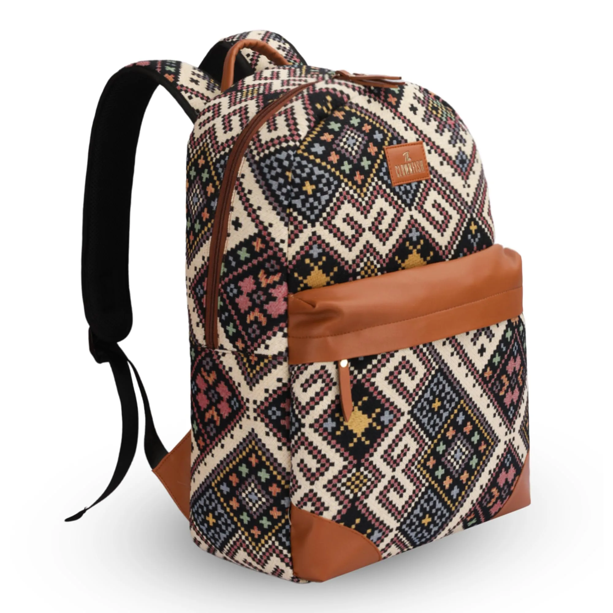 THE CLOWNFISH Wanderlust Collection Tapestry Fabric & Vegan Leather 15.6 inch Womens Laptop Backpack with Trolley Strap Travel Backpack for Women Office College Going Girls (Black Multicolor)