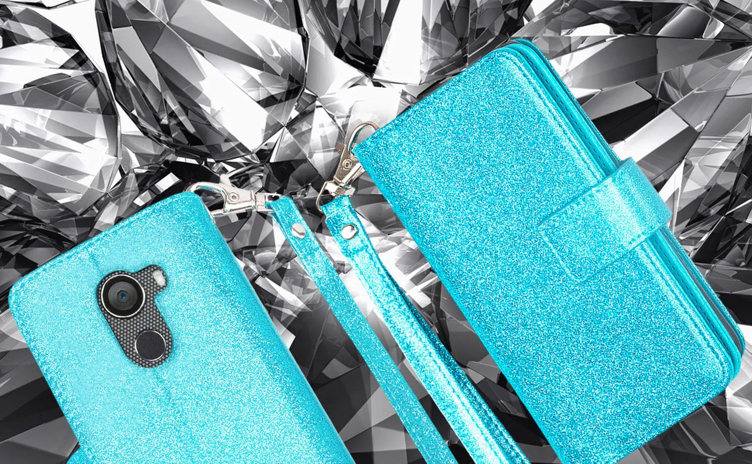 Tmobile REVVL, Alcatel A30 Plus, A30 Fierce, Alcatel Walters Case, Wrist Strap Glitter Bling Faux Leather Flip [Kickstand] Wallet Cover - Teal