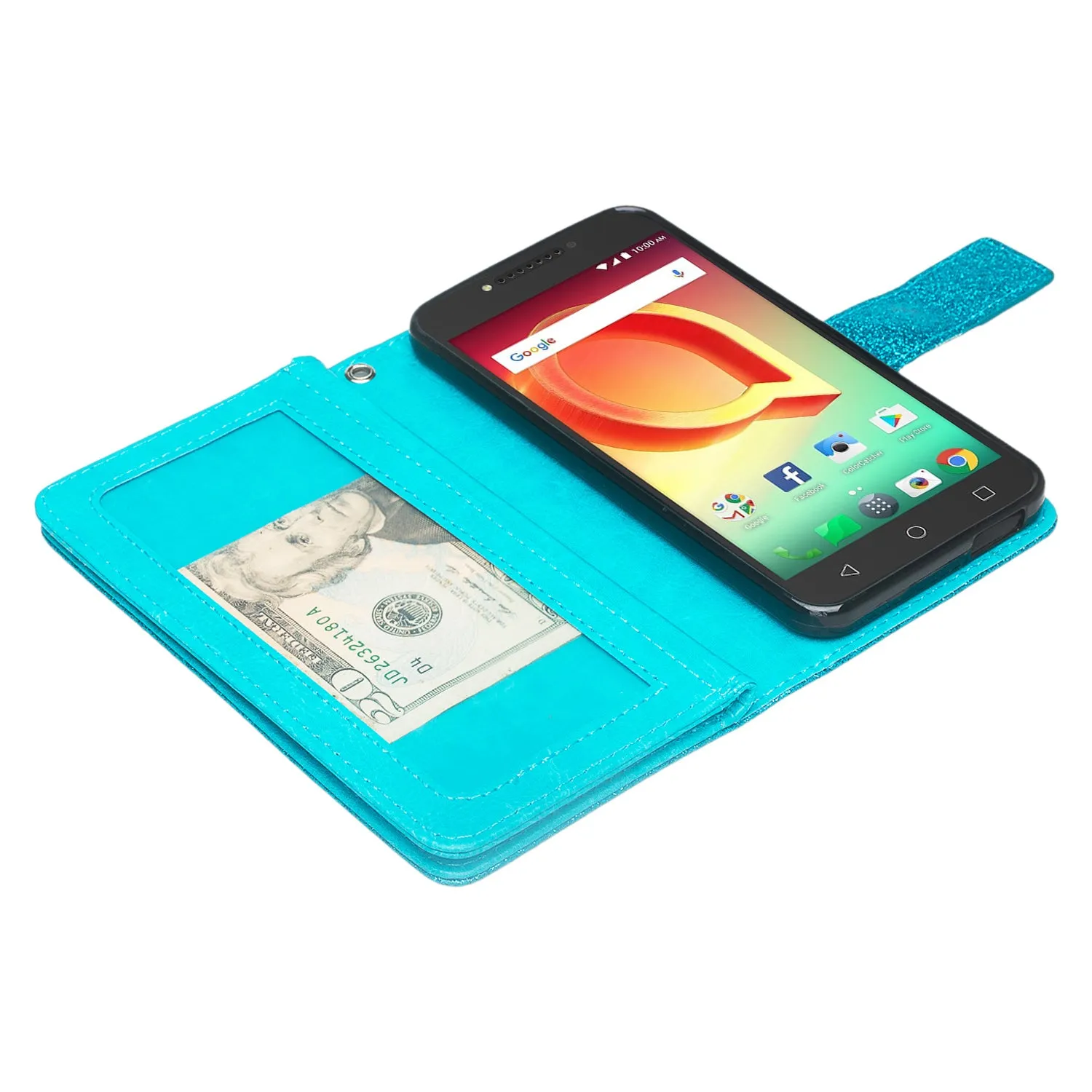 Tmobile REVVL, Alcatel A30 Plus, A30 Fierce, Alcatel Walters Case, Wrist Strap Glitter Bling Faux Leather Flip [Kickstand] Wallet Cover - Teal