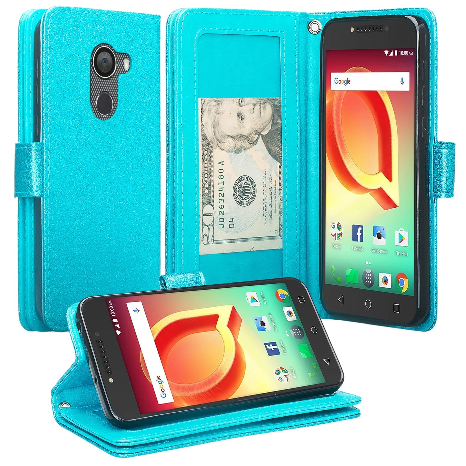 Tmobile REVVL, Alcatel A30 Plus, A30 Fierce, Alcatel Walters Case, Wrist Strap Glitter Bling Faux Leather Flip [Kickstand] Wallet Cover - Teal