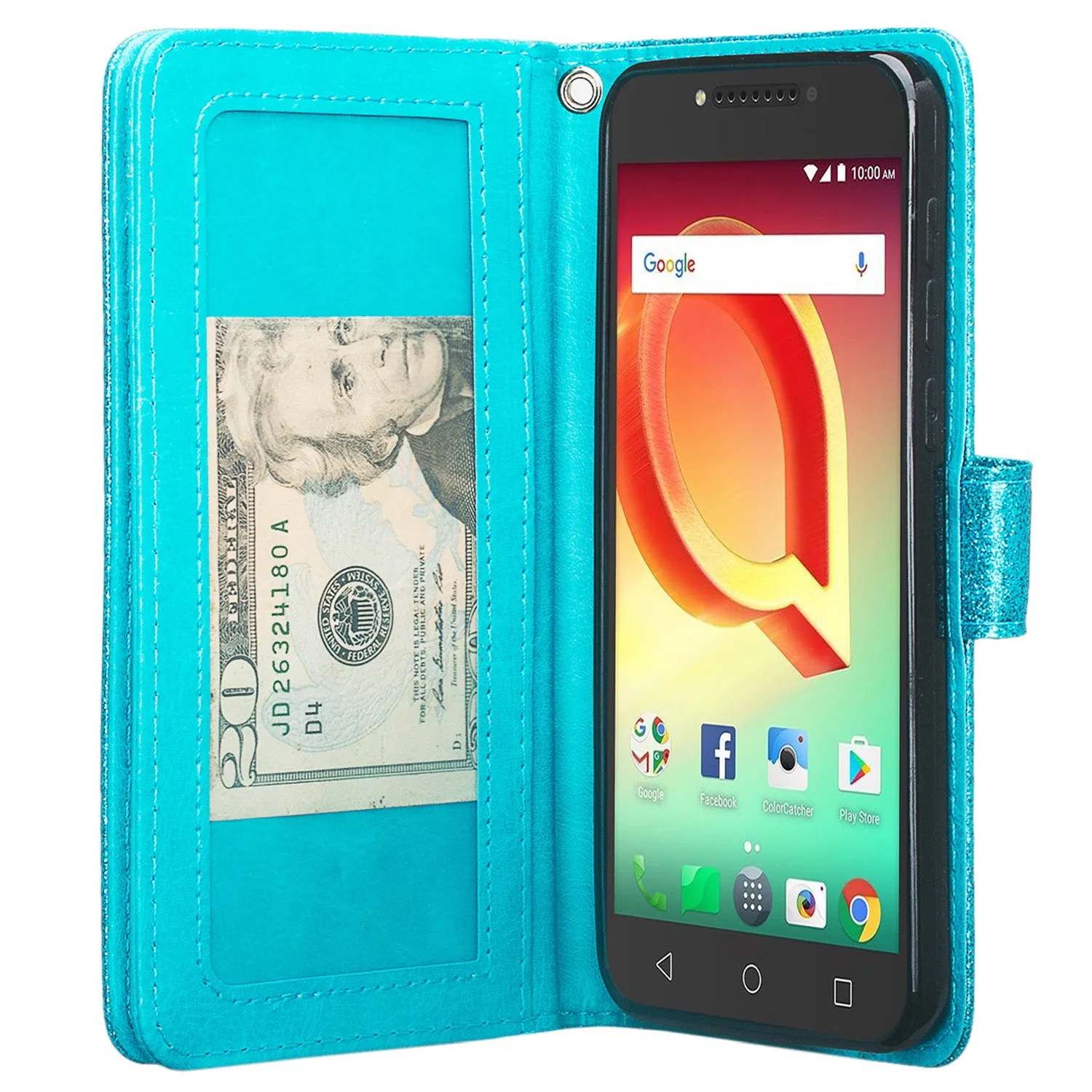 Tmobile REVVL, Alcatel A30 Plus, A30 Fierce, Alcatel Walters Case, Wrist Strap Glitter Bling Faux Leather Flip [Kickstand] Wallet Cover - Teal