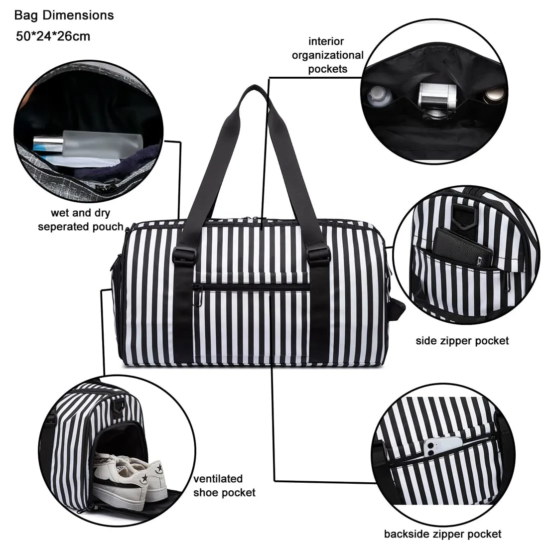 TUGUAN Large Capacity Water Resistant Polyester Unisex Travel Duffle Bag with Shoe Compartment (Stripe)